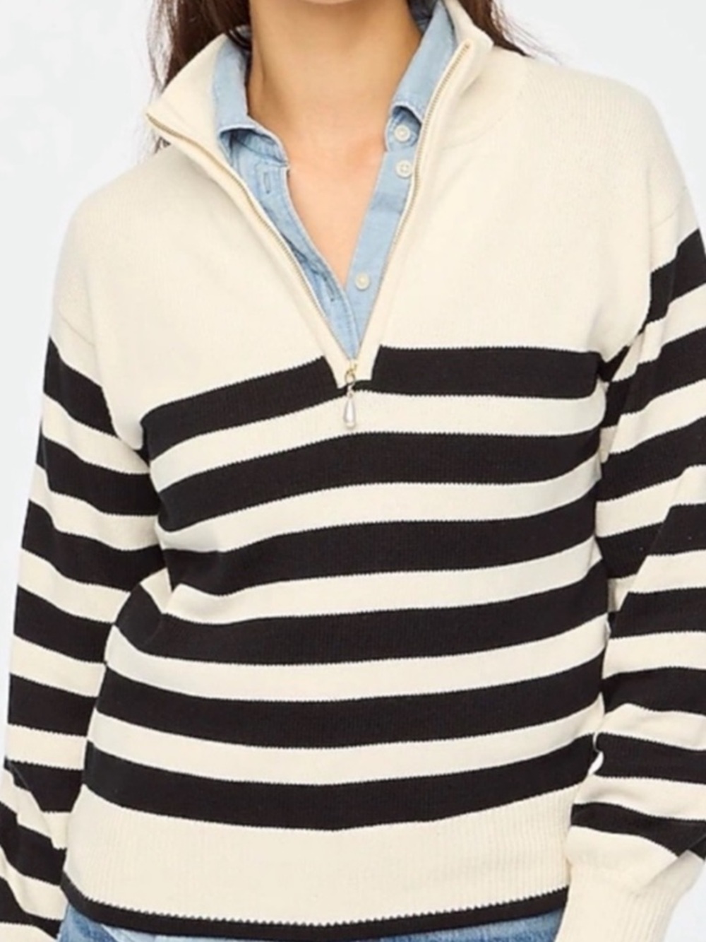 J.Crew NWT Black Cream Striped Half Zip Sweater Pearl Zipper XS Cozy Chic